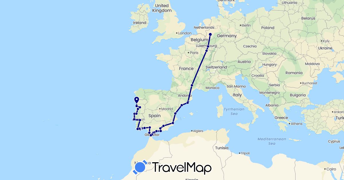 TravelMap itinerary: driving in Germany, Spain, France, Gibraltar, Luxembourg, Portugal (Europe)